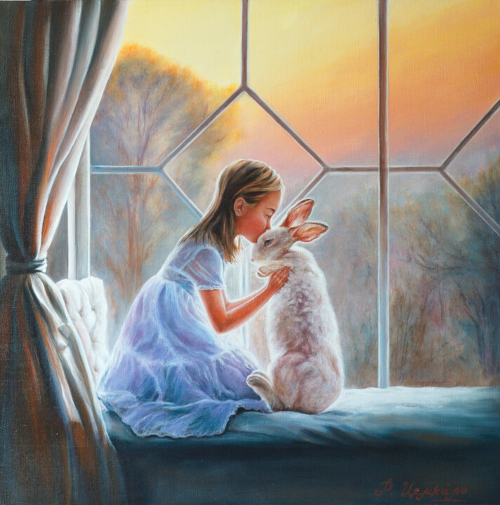 Painting titled "Little girl with a…" by Rita Cemkalo, Original Artwork, Oil