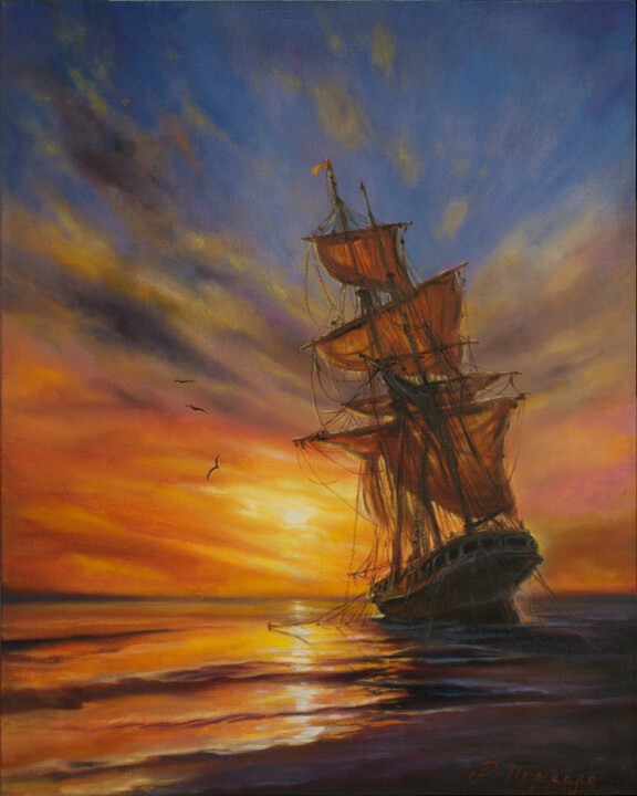 Painting titled "Sailboat at sunset" by Rita Cemkalo, Original Artwork, Oil