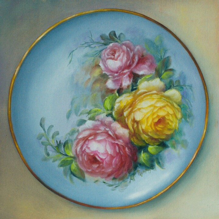Painting titled "Roses of My Childho…" by Rita Cemkalo, Original Artwork, Oil