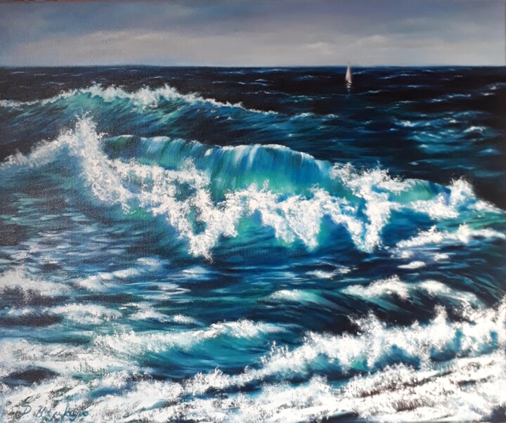Painting titled "Wave of the Sea" by Rita Cemkalo, Original Artwork, Oil