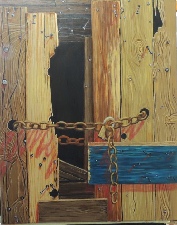 Painting titled "door-with-rusted-ch…" by Rita Kili, Original Artwork, Acrylic