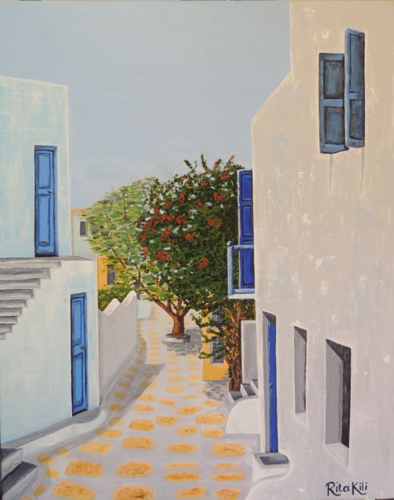 Malerei mit dem Titel "GREEK STREET" von Rita Kili, Original-Kunstwerk, Acryl