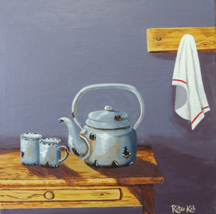 Peinture intitulée "Old Kettle on Table" par Rita Kili, Œuvre d'art originale, Acrylique