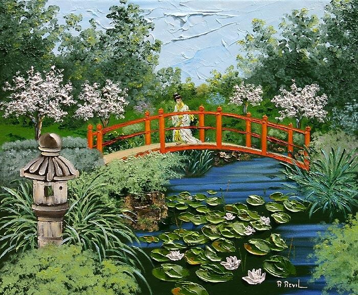 Peinture intitulée "Jardin japonais." par Rita Revil, Œuvre d'art originale, Huile