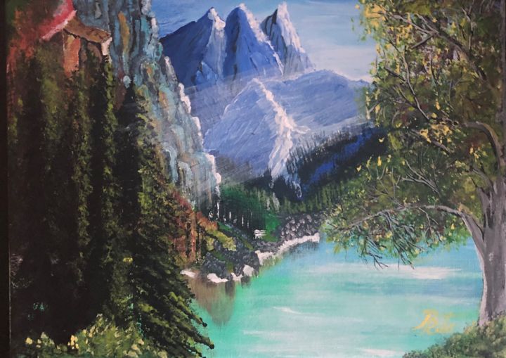 Painting titled "Emerald Lake" by Rita Petrache, Original Artwork, Acrylic