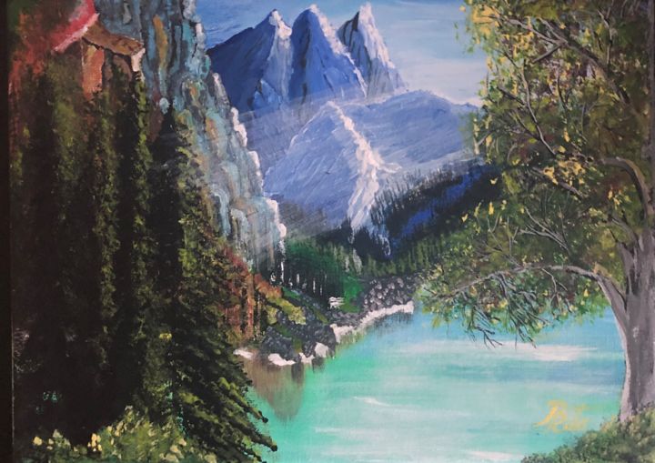 Painting titled "Emerald Lake" by Rita Petrache, Original Art, Acrylic