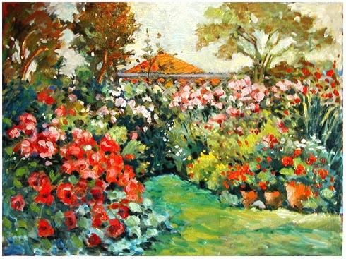 Malerei mit dem Titel "Cottage garden" von Rita Monaco, Original-Kunstwerk, Öl