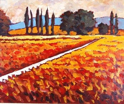 Malerei mit dem Titel "The yellow fields" von Rita Monaco, Original-Kunstwerk, Öl