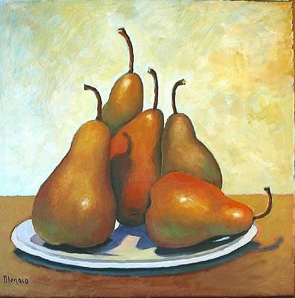 Malerei mit dem Titel "Five pears" von Rita Monaco, Original-Kunstwerk, Öl