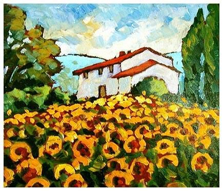 Painting titled "Tuscany sunflowers" by Rita Monaco, Original Artwork, Oil