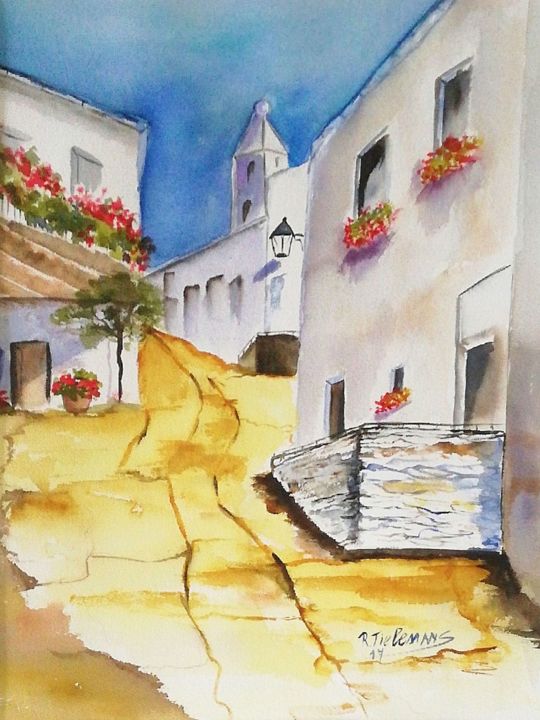 Painting titled "Dorpje in Andalusië…" by Rita Tielemans, Original Artwork, Watercolor