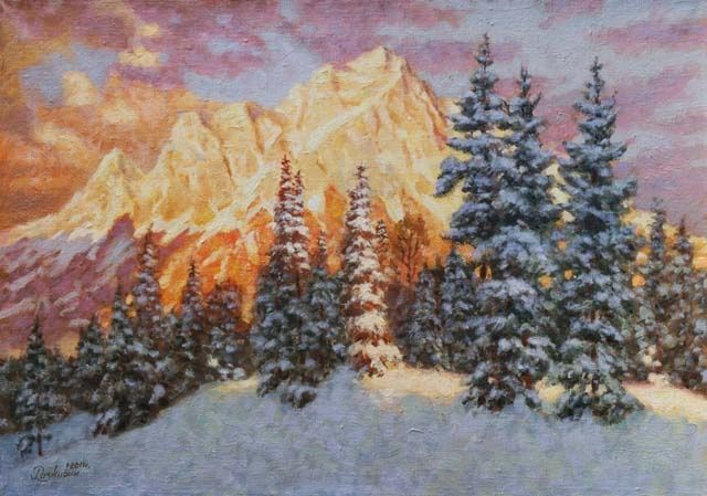 Картина под названием "Закат в горах." - Игорь Разживин, Подлинное произведение искусства, Масло