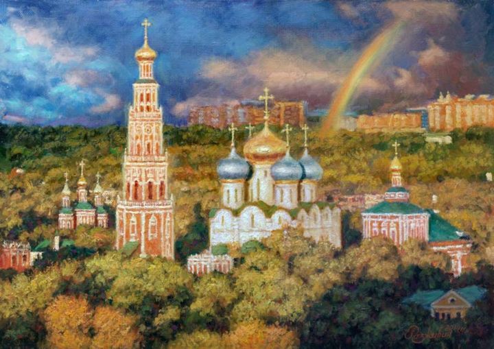 Pittura intitolato "Радуга над Москвой." da Igor Razzhivin, Opera d'arte originale, Olio