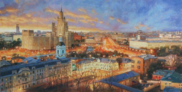 Painting titled "Золото вечерней Мос…" by Igor Razzhivin, Original Artwork, Oil
