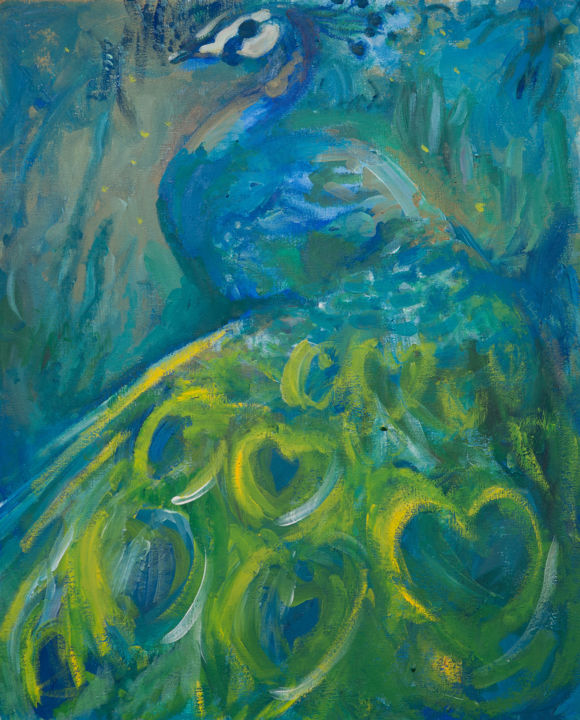 Painting titled "The Peacock" by River E. C. Darling, Original Artwork, Oil