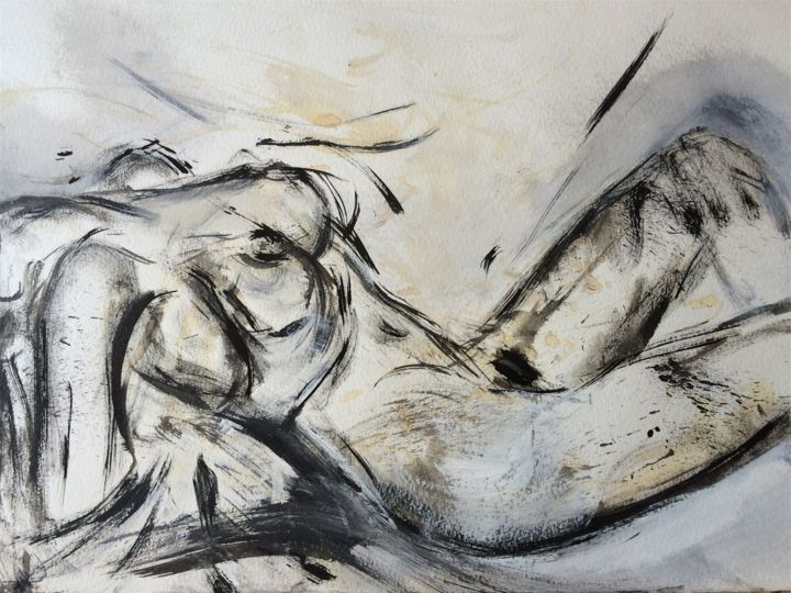 Peinture intitulée "Nu femme allongée" par Yann Rivron, Œuvre d'art originale