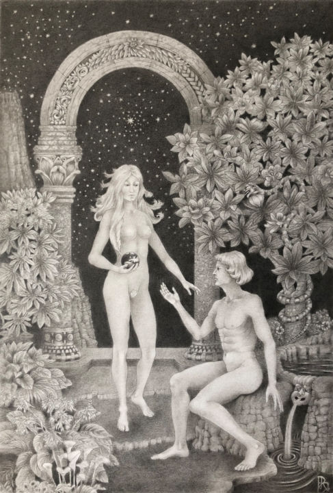 Dessin intitulée "Adam et Eve" par Ruy, Jean Bardot, Œuvre d'art originale, Graphite