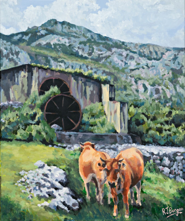 Painting titled ""Cows At The Copper…" by R J Burgon, Original Artwork, Acrylic