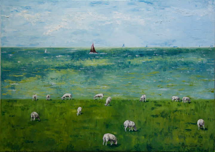 Painting titled "Les moutons de Prés…" by Régine Lamotte Doncieux, Original Artwork, Oil