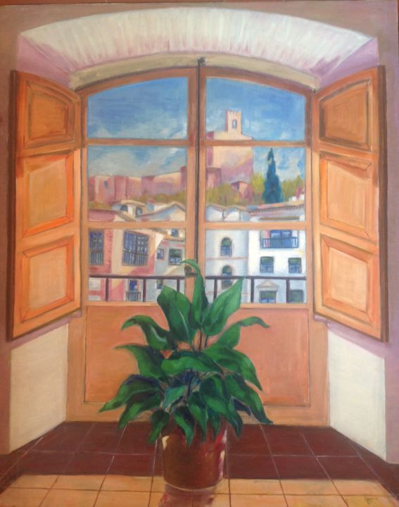 Pintura titulada "Balcón-con-vista-a-…" por Martiche, Obra de arte original, Oleo Montado en Otro panel rígido