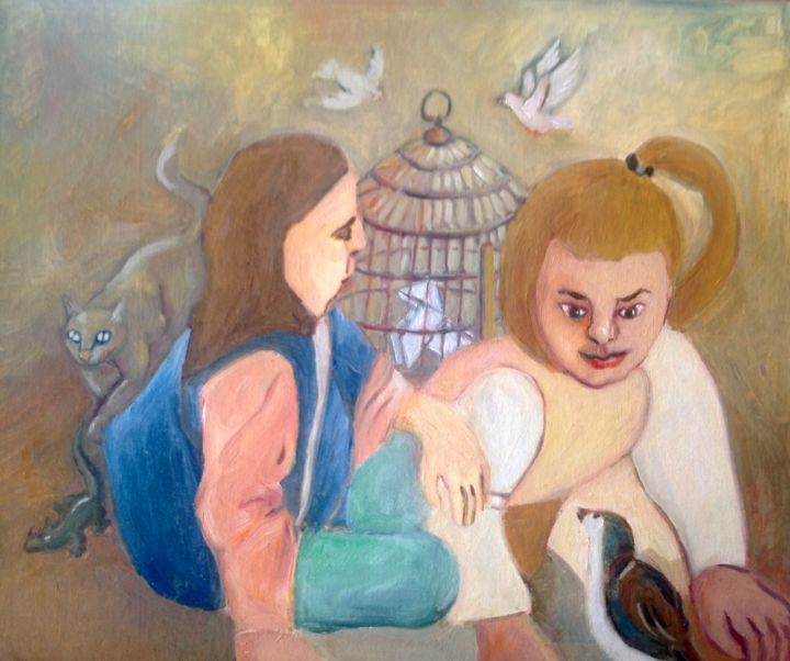 Painting titled "Niños-jugando-con-p…" by Martiche, Original Artwork, Oil