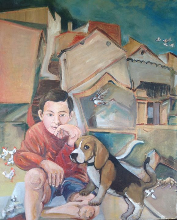 Painting titled "Chico-con-perro.jpg" by Martiche, Original Artwork, Oil