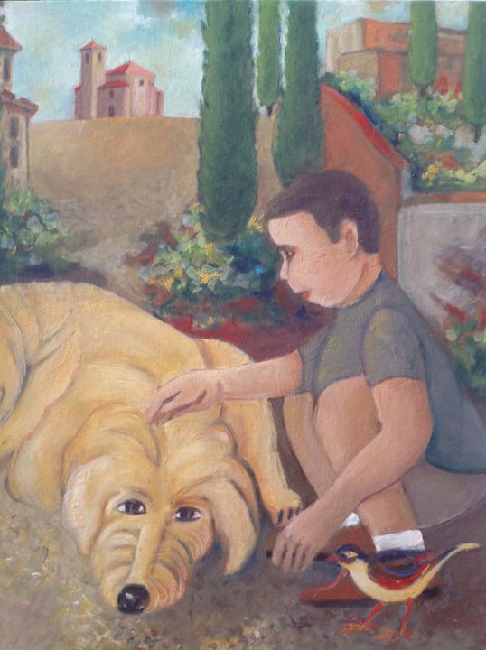 Painting titled "Niño-con-perro.jpg" by Martiche, Original Artwork, Oil