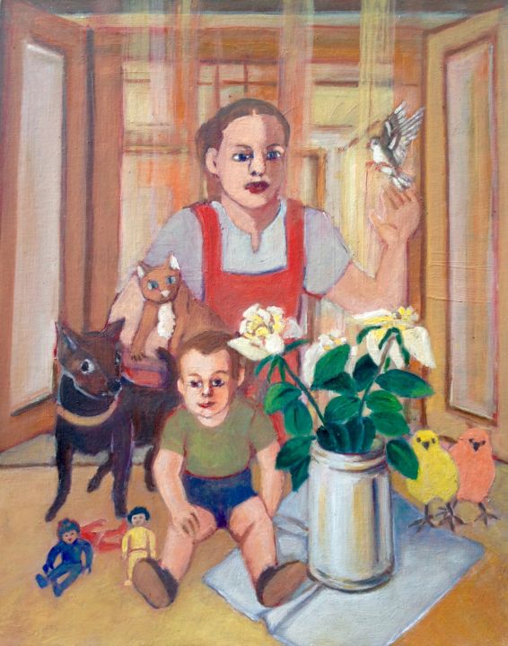 Painting titled "Muchacha-niño-con-a…" by Martiche, Original Artwork, Oil Mounted on Other rigid panel