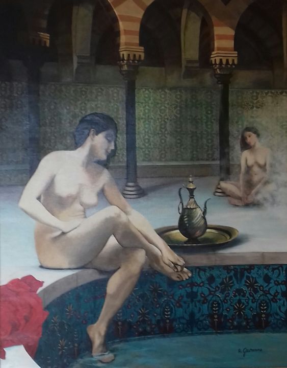 Schilderij getiteld "Bain de vapeur" door Annie Gaurenne, Origineel Kunstwerk, Olie