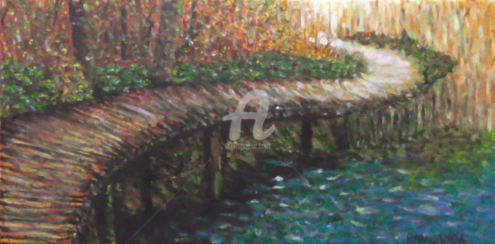 Painting titled "Path Over River" by Robbie Nuwanda, Original Artwork, Acrylic