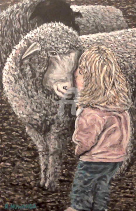 Painting titled "Girl Kisses Sheep" by Robbie Nuwanda, Original Artwork, Acrylic
