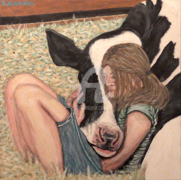 Painting titled "Cow and Her Girl" by Robbie Nuwanda, Original Artwork, Acrylic