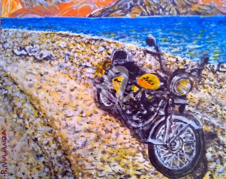Peinture intitulée "Bike On The Beach" par Robbie Nuwanda, Œuvre d'art originale, Acrylique