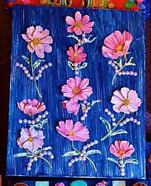 Painting titled "Pink flowers in blue" by Robert B, Original Art, Oil