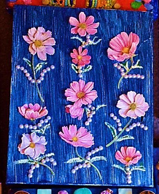 Painting titled "Pink flowers in blue" by Robert B, Original Artwork, Oil