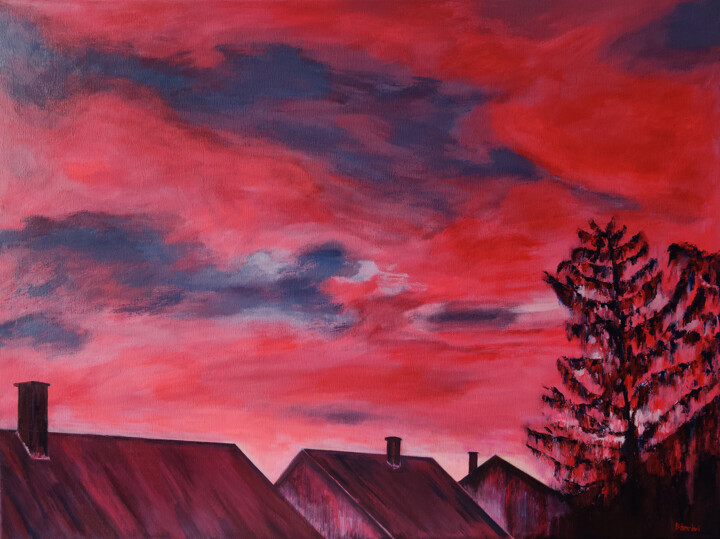 Painting titled "red clouds" by Róbert Bánrévi, Original Artwork, Acrylic Mounted on Wood Stretcher frame