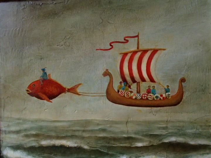 Peinture intitulée "le-drakkar-volant-8…" par Boul, Œuvre d'art originale, Huile