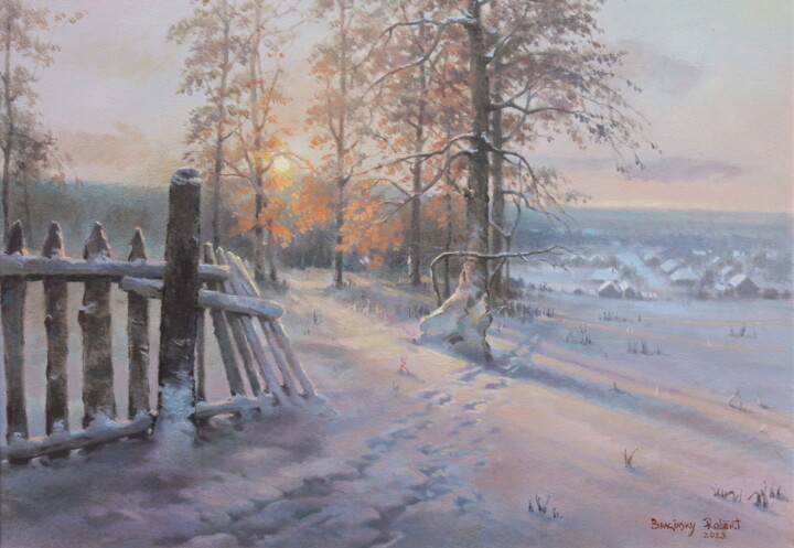 Malerei mit dem Titel ""Winter sunset"" von Robert Braginsky, Original-Kunstwerk, Öl