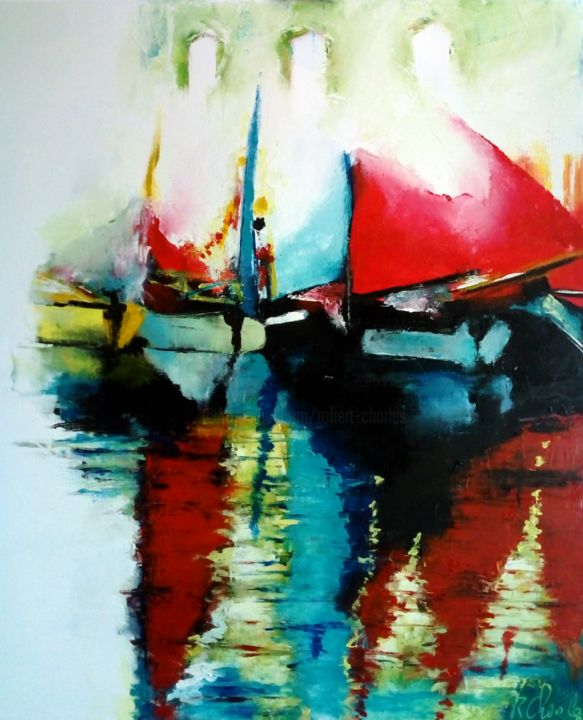 Pintura intitulada "Voiles au port" por Robert Charles, Obras de arte originais, Óleo