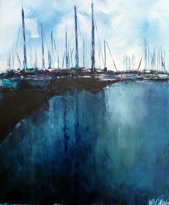 Painting titled "Le port" by Robert Charles, Original Artwork, Oil Mounted on Wood Stretcher frame