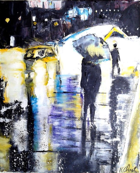 Painting titled "(3) noche-de-lluvia…" by Robert Charles, Original Artwork, Oil Mounted on Wood Stretcher frame