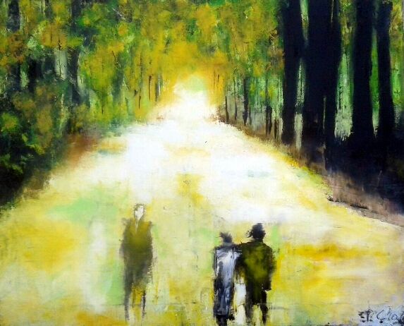 Painting titled "Promenade en forêt" by Robert Charles, Original Artwork, Oil Mounted on Wood Stretcher frame