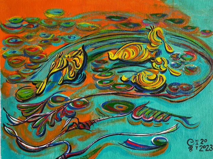 Peinture intitulée "Ducks on A Pond" par Robert Craig Grassle, Œuvre d'art originale, Acrylique Monté sur Autre panneau rigi…