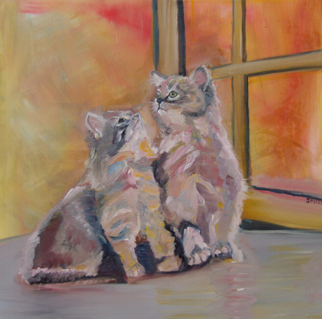 Painting titled "CHATS" by Robert Gauthier, Original Artwork, Oil