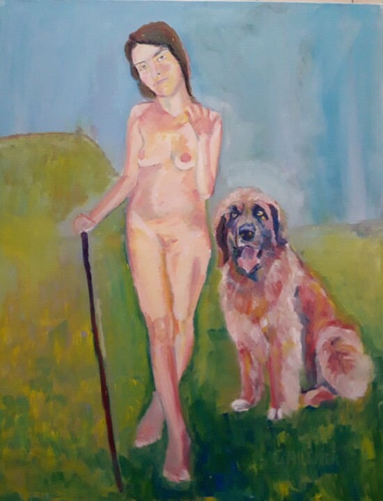 Peinture intitulée "bergère et son chien" par Robert Gauthier, Œuvre d'art originale, Huile