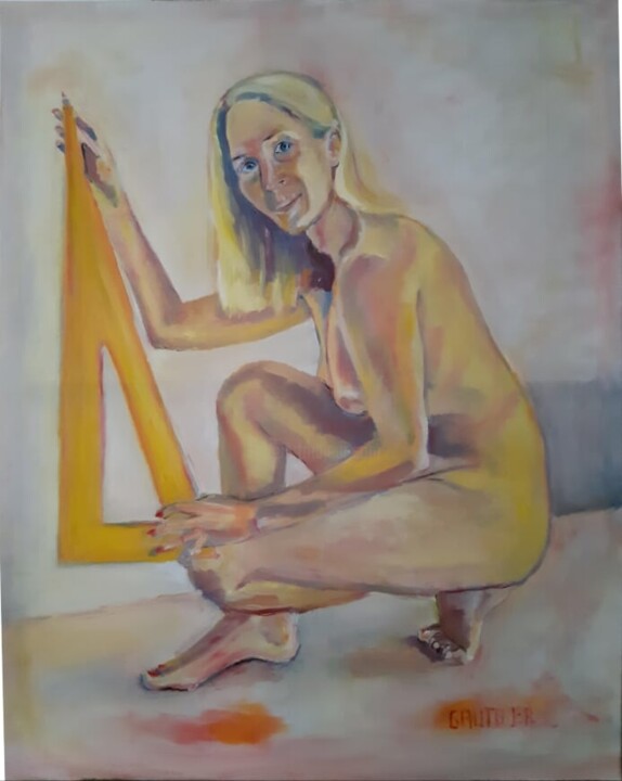 Painting titled "fille à l'équerre" by Robert Gauthier, Original Artwork, Oil