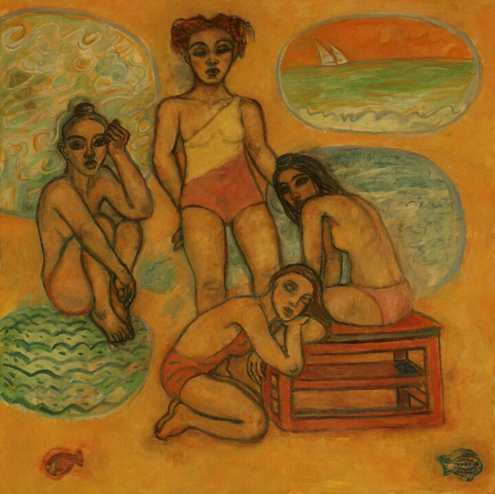 Painting titled "A la plage - Peintu…" by Robert Gibson, Original Artwork, Oil Mounted on Wood Stretcher frame