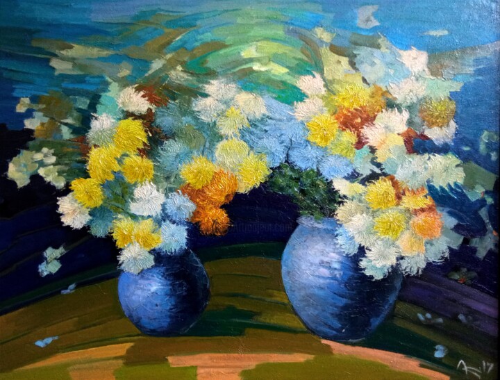 Pintura intitulada "Chrysanthemums" por Robert Hekimyan, Obras de arte originais, Óleo