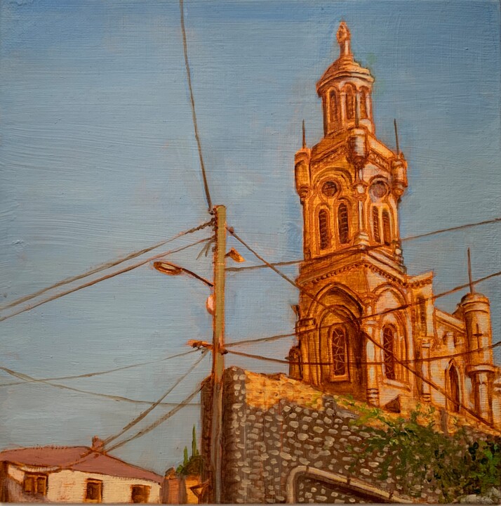 Painting titled "EGLISE SAINT-LUC" by Robert Inestroza, Original Artwork, Oil Mounted on Other rigid panel
