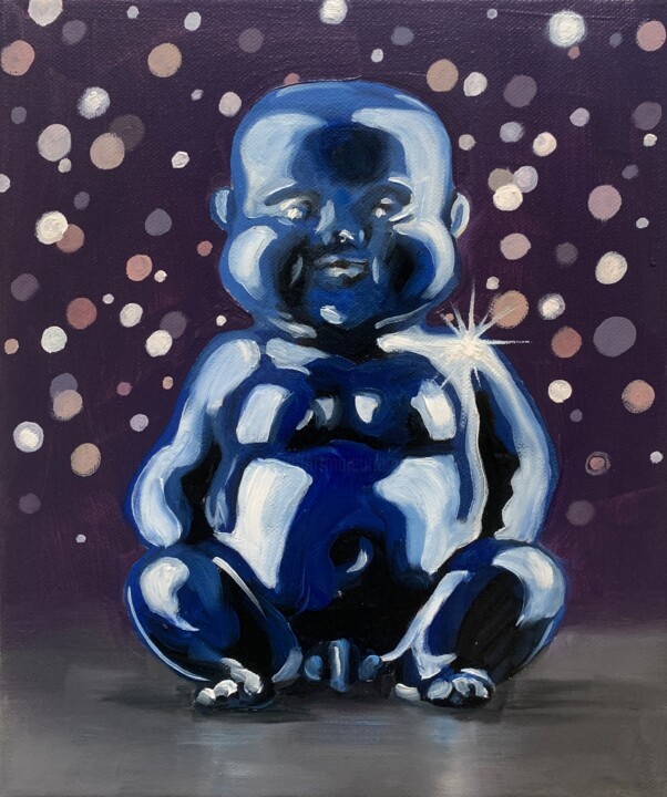 Painting titled "BABY BUDDHA" by Robert Inestroza, Original Artwork, Oil Mounted on Wood Stretcher frame